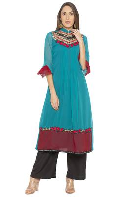 Green embroidered georgette kurta &-sets 2