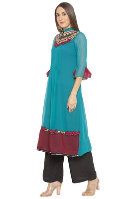 Green embroidered georgette kurta &-sets 3