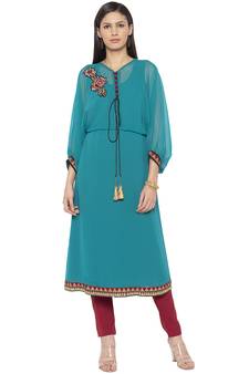 Green embroidered georgette kurta &-sets