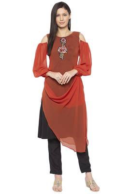 Brown embroidered georgette kurta &-sets 1