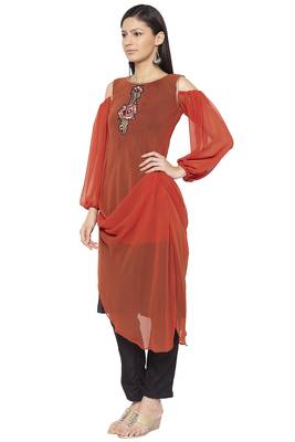 Brown embroidered georgette kurta &-sets 3