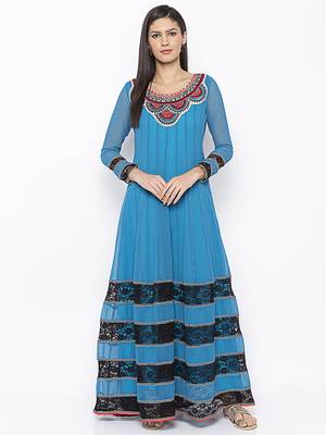 Blue embroidered georgette kurta &-sets 1
