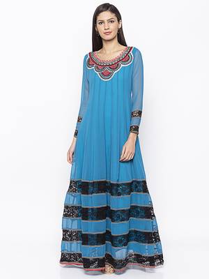Blue embroidered georgette kurta &-sets 2