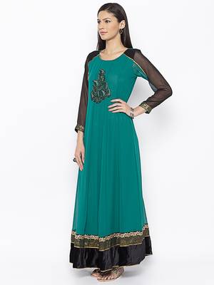 Green embroidered georgette kurta &-sets 2