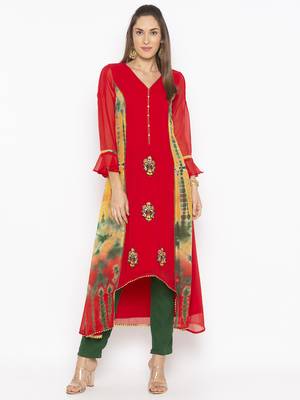 Red embroidered georgette kurta &-sets 1
