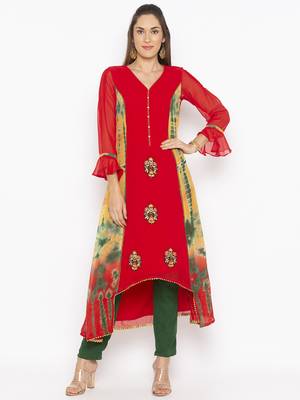 Red embroidered georgette kurta &-sets 2