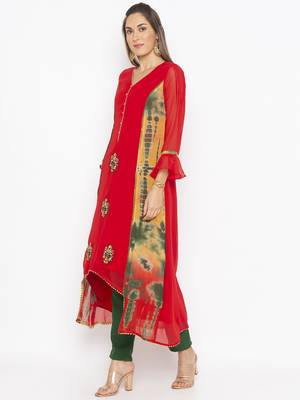 Red embroidered georgette kurta &-sets 3