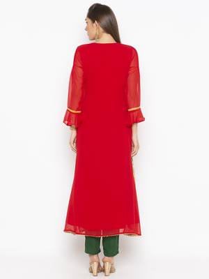 Red embroidered georgette kurta &-sets 4