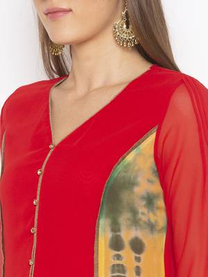 Red embroidered georgette kurta &-sets 5