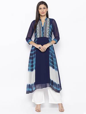 Dark-blue embroidered georgette kurta &-sets 1