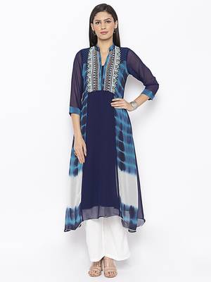 Dark-blue embroidered georgette kurta &-sets 2