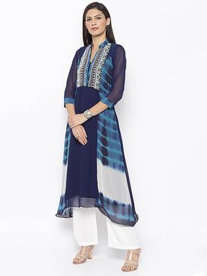 Dark-blue embroidered georgette kurta &-sets 3