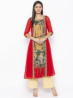 Red embroidered georgette kurta &-sets 1