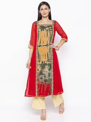 Red embroidered georgette kurta &-sets 2
