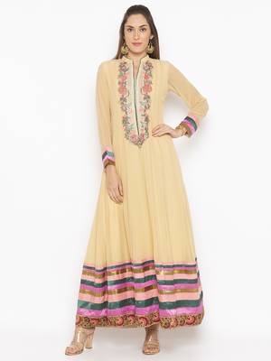 Beige embroidered georgette kurta &-sets 2