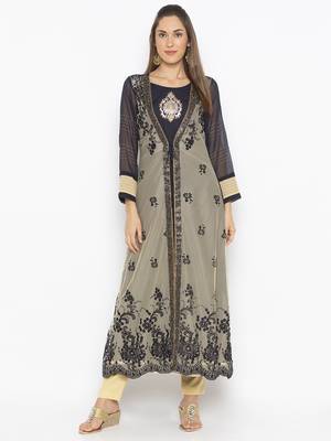 Beige embroidered net kurta &-sets 1