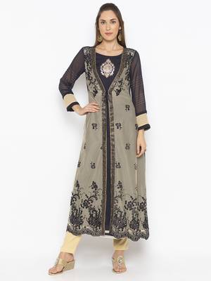 Beige embroidered net kurta &-sets 2