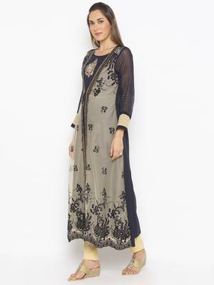 Beige embroidered net kurta &-sets 3