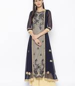 Dark-blue embroidered net kurta &-sets