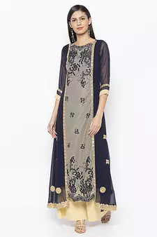 Dark-blue embroidered net kurta &-sets