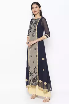 Dark-blue embroidered net kurta &-sets