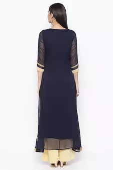 Dark-blue embroidered net kurta &-sets