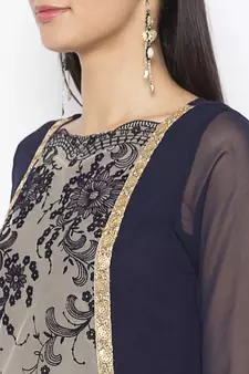Dark-blue embroidered net kurta &-sets
