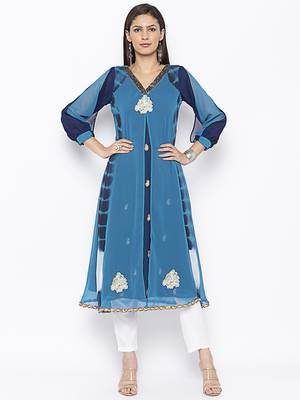Blue embroidered georgette kurta &-sets 1