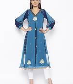 Blue embroidered georgette kurta &-sets