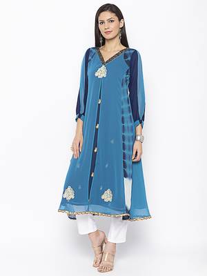 Blue embroidered georgette kurta &-sets 2