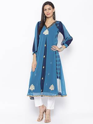 Blue embroidered georgette kurta &-sets 3