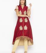 Maroon embroidered cotton silk kurta &-sets