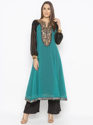 Teal-green embroidered georgette kurta &-sets 1