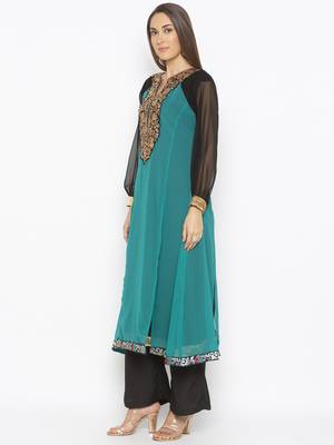 Teal-green embroidered georgette kurta &-sets 2