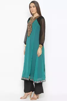 Teal-green embroidered georgette kurta &-sets