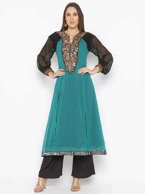 Teal-green embroidered georgette kurta &-sets 3