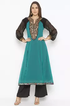 Teal-green embroidered georgette kurta &-sets