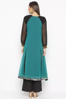Teal-green embroidered georgette kurta &-sets