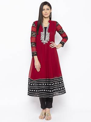 Maroon embroidered georgette kurta &-sets 1