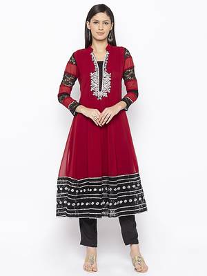 Maroon embroidered georgette kurta &-sets 2
