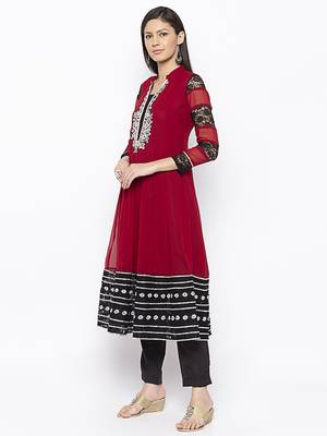 Maroon embroidered georgette kurta &-sets 3
