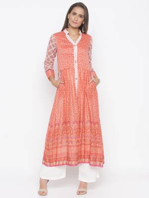 Peach printed cotton kurta &-sets 1