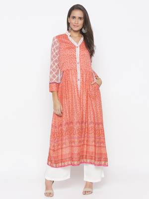 Peach printed cotton kurta &-sets 2