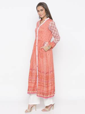 Peach printed cotton kurta &-sets 3
