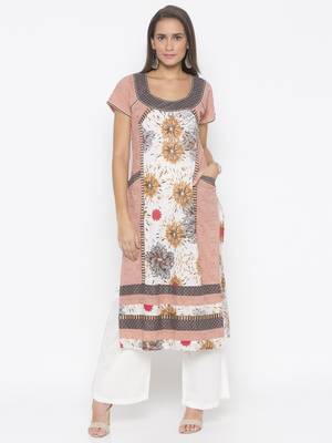 Peach printed cotton kurta &-sets 1