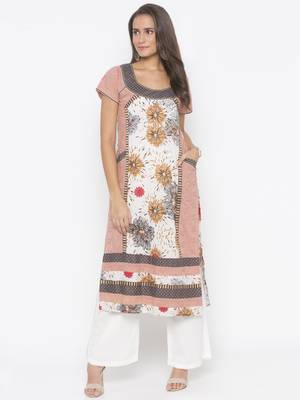 Peach printed cotton kurta &-sets 2