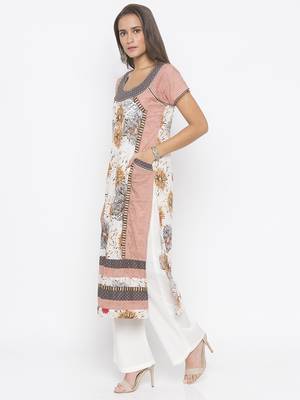 Peach printed cotton kurta &-sets 3