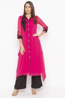 Pink embroidered georgette kurta &-sets