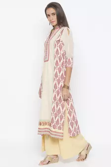 Cream printed cotton kurta &-sets
