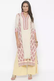 Cream printed cotton kurta &-sets